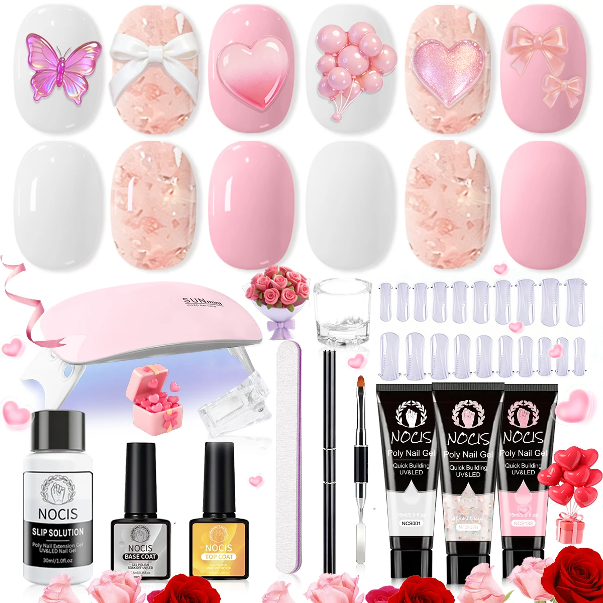 NOCIS-3 color Poly Gel Nail Kit Starter, Includes basic nail enhancement tools such a gift for girls' nail enhancement.