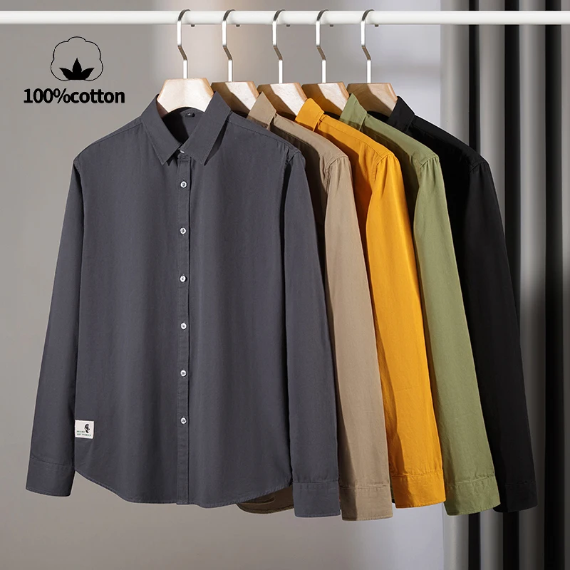 

100% cotton solid color high quality men business casual long sleeve shirt 2024 autumn breathable sweat-absorbing commuting top