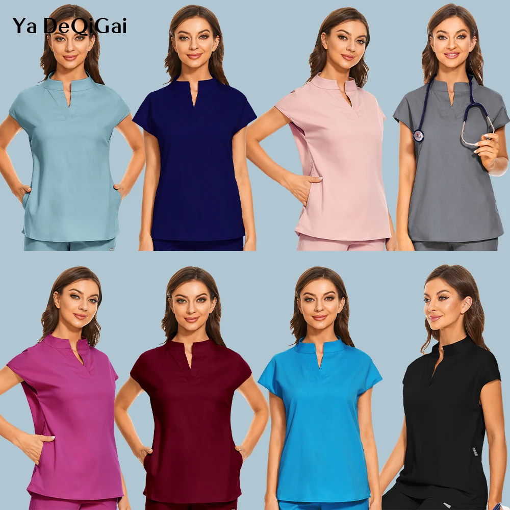 Stretch Top Medical Scrub Tops Women Nurse Workwear Soft Scrubs Uniform Shirts Short Sleeve Blouse Beauty Salon Spa Work Clothes