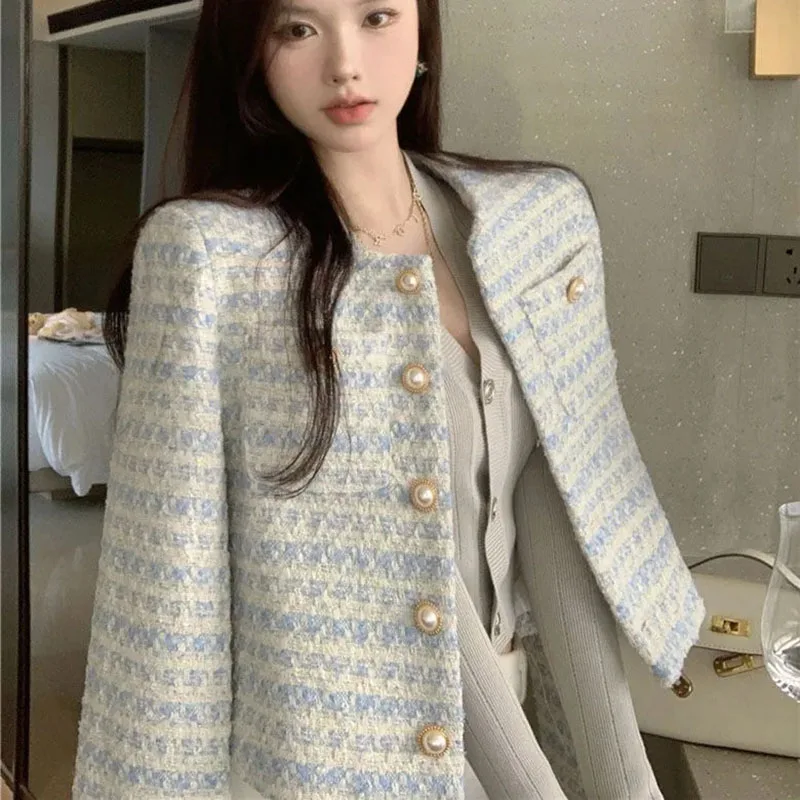 Light Blue Tweed Striped Jackets For Women 2023 Temperament Tunic Vintage Korean Fashion Coat Crop Tops Womens Clothing Clothes