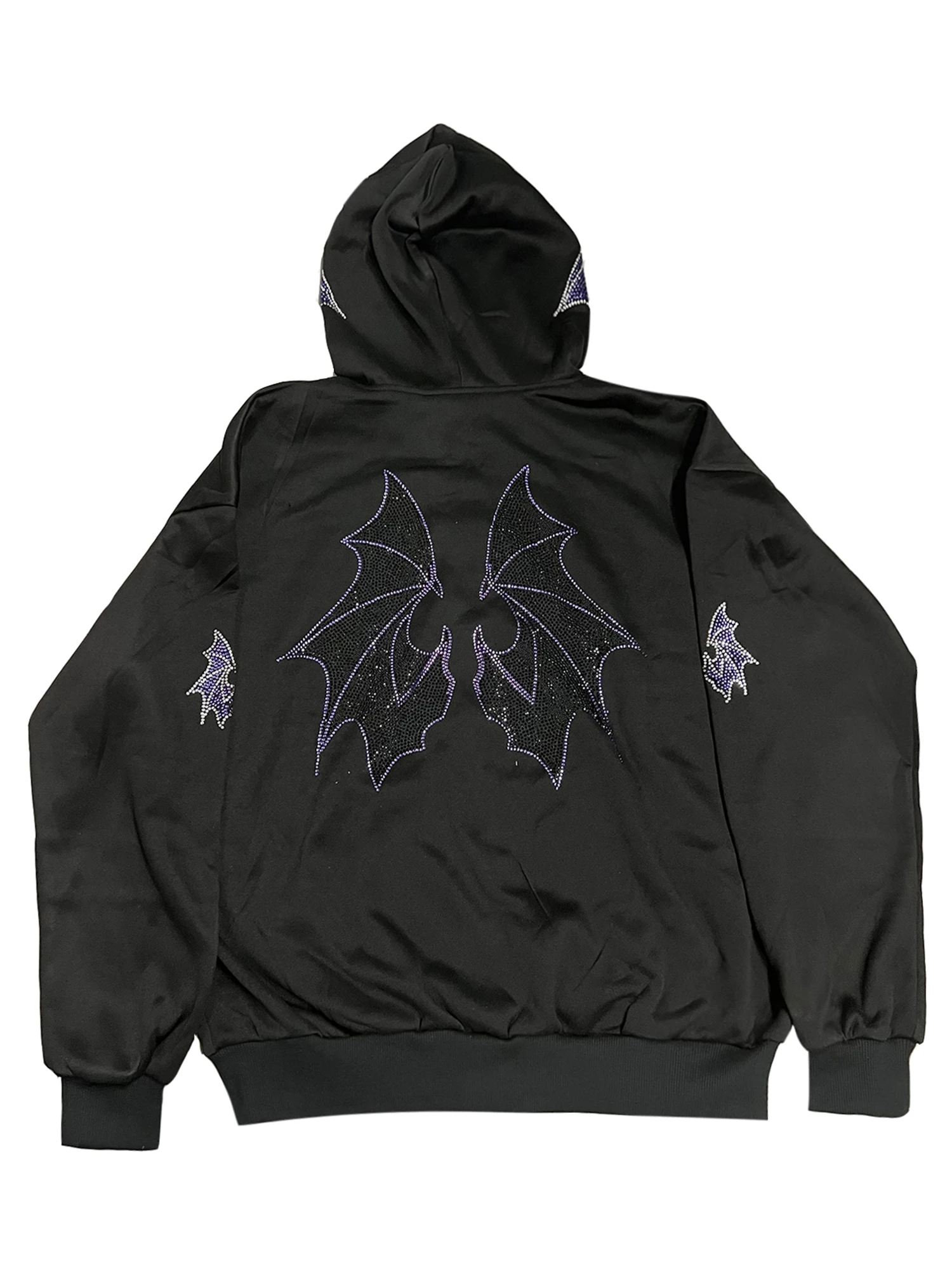 Damska czarna bluza z kapturem, zdobiona cekinami, stylowa bluza z długim rękawem, zapinana na zamek i z przednią kieszenią.