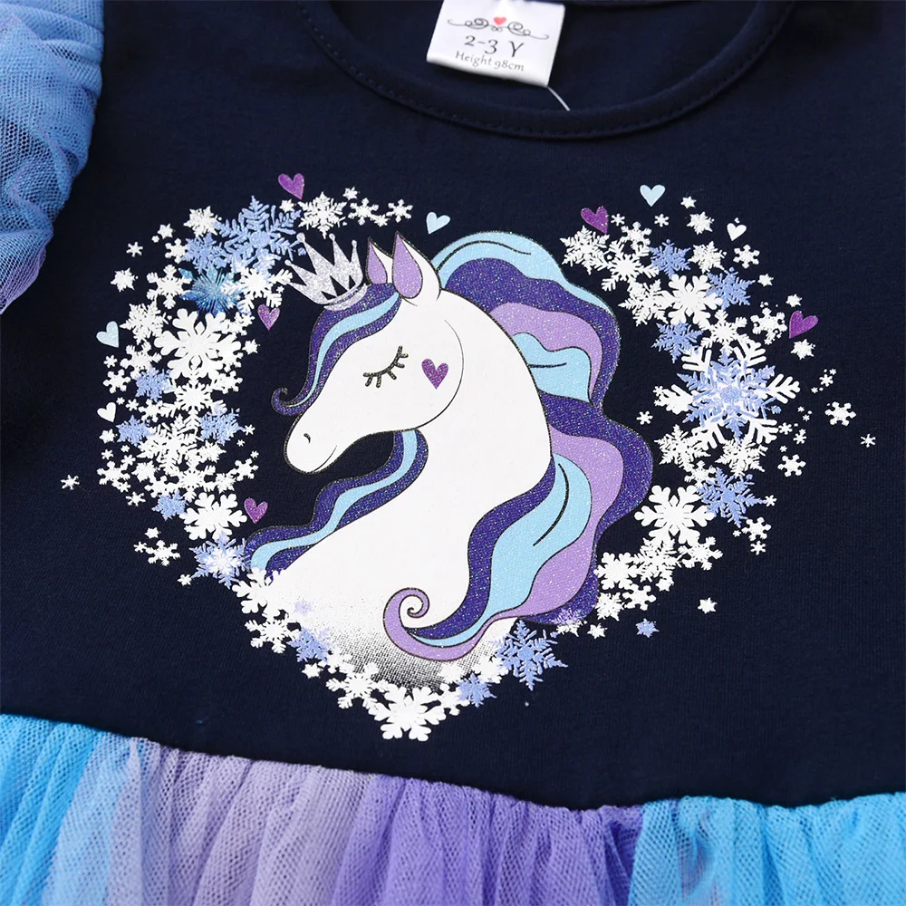 VIKITA Mädchen Prinzessin Geburtstagsparty Elegantes Kleid Kinder Langarm Rüschenärmel Herzform Einhorn Buntes Süßes Kleid – Detail 3