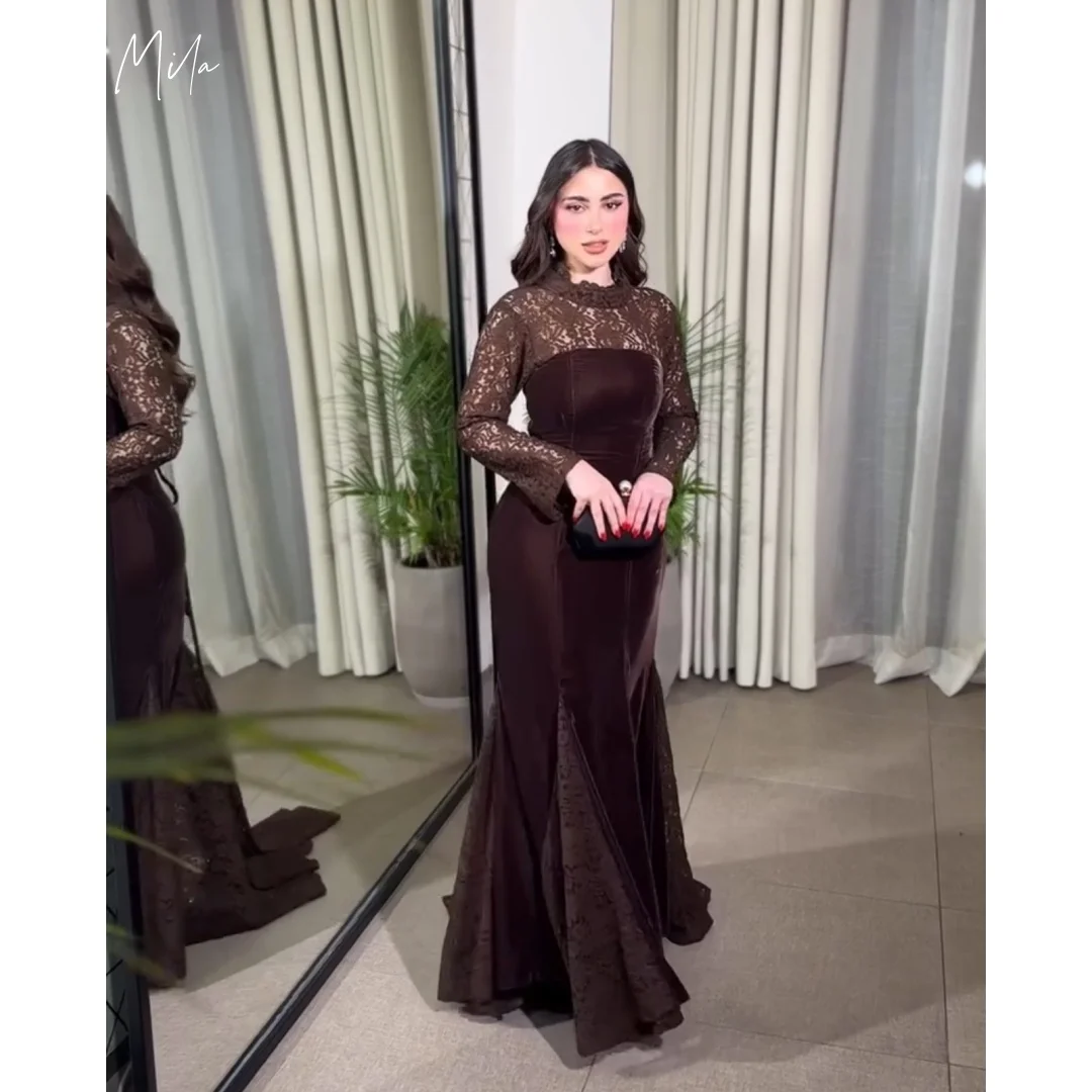 

Мила Коричневые платья для выпускного вечера Русалка Слегка расклешенные рукава Бархатные индивидуальные вечерние платья длиной до пола, платья de gala 2025