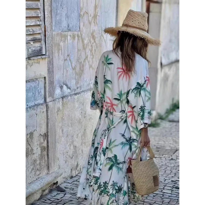 Women's 2025 Summer Sun Cover Up Printed Kimono Cardigan Three-Quarter Sleeve UV Protection Beach Tunic Resort Vacation Swimwear