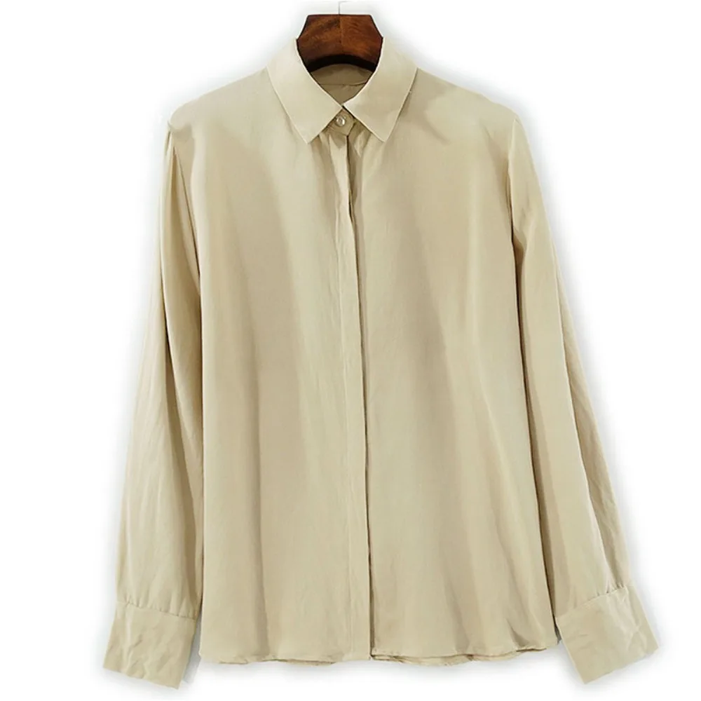 Women's Autumn Clothing Skin-friendly Breathable Versatile Heavy 100% Natural Mulberry Silk Lapel Long Sleeved Champagne Shirt