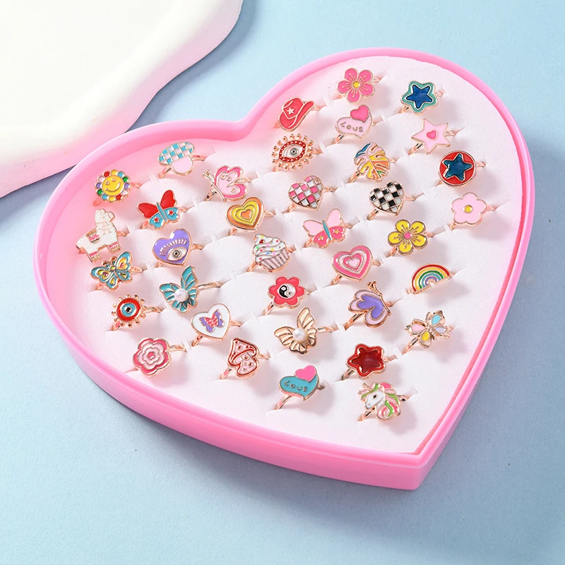 6/12/36pcs Adjustable Rings for Girls Pretend Play Makeup Toys for kids Cartoon Jewelry Alloy Rings Birthday Gifts for Girls