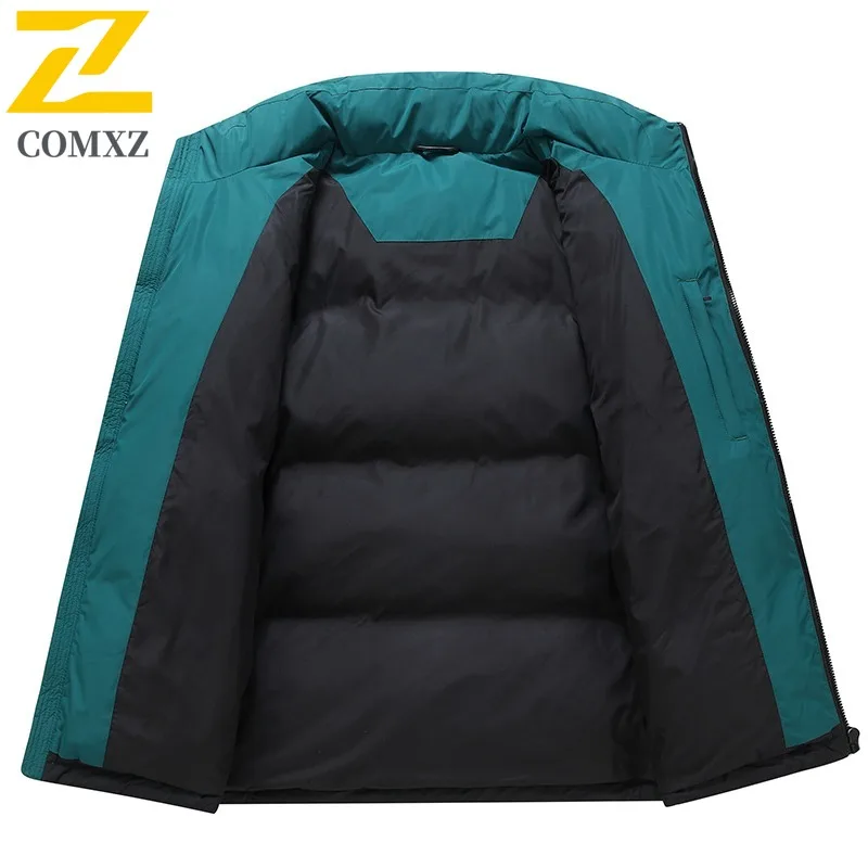 COMXZ Warm Down Jacket Stand Collar Color Block Handsome Camping Quilted Jacket 2025 Lightweight Streetwear Men's Winter Jacket