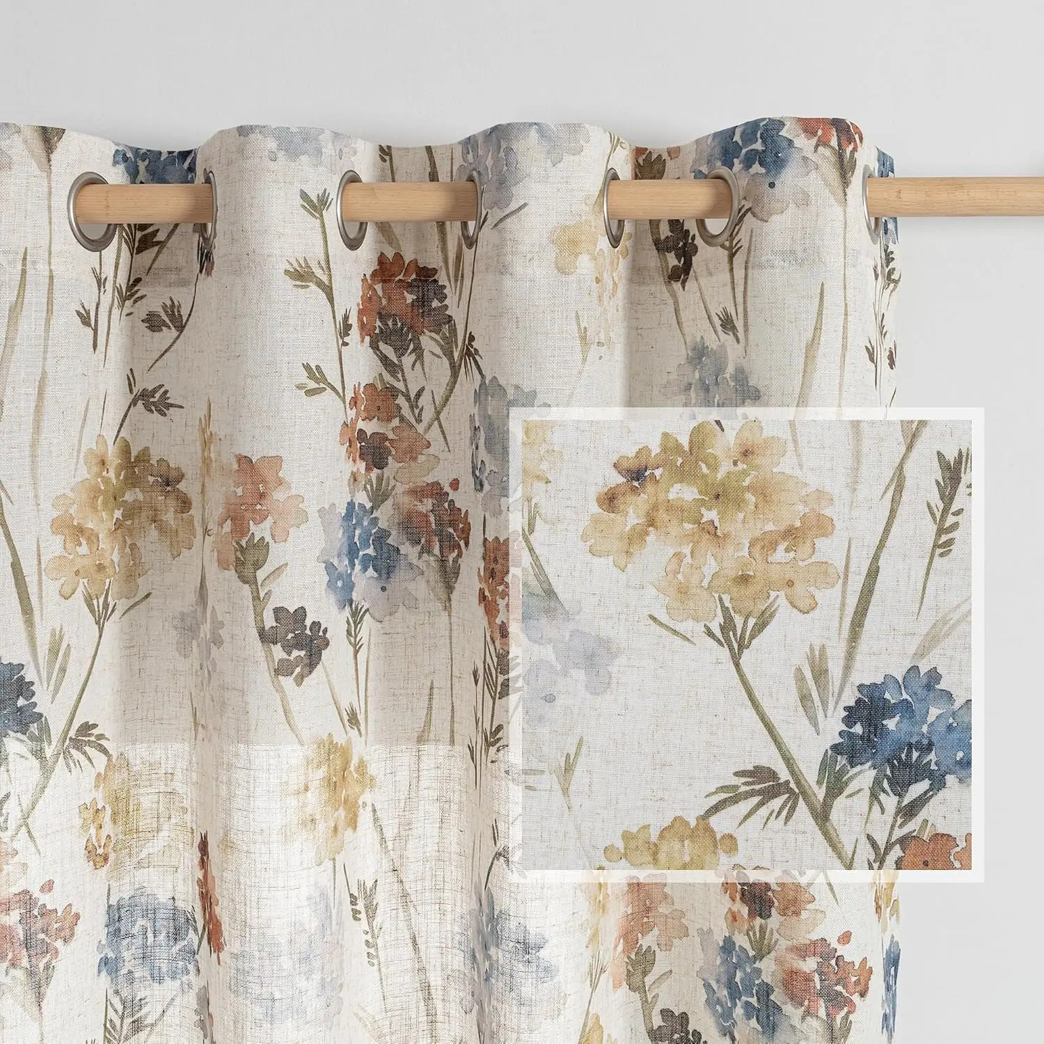 Yellow 2-Panel 84-Inch Grommet-Top Floral Linen Curtains, 52 × 84 Inches, Summer Flower Print, Semi-Sheer Light-Filtering Farmhouse Drapes for Living & Dining Rooms