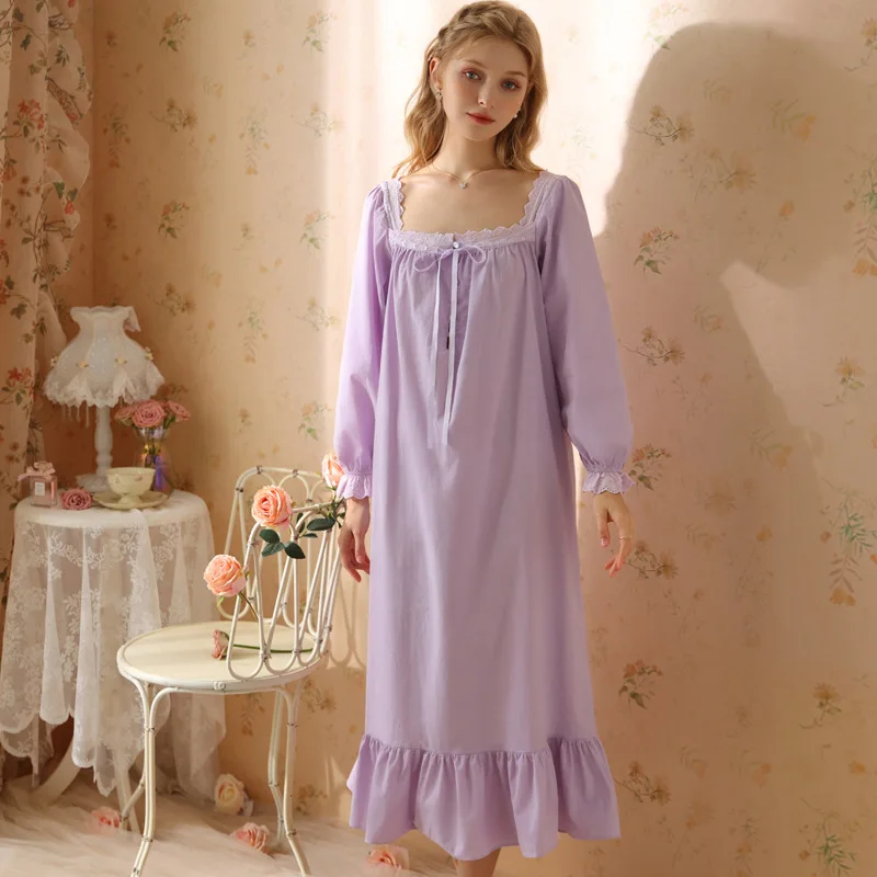 Womens Vintage Victorian Nightgown Long Sleeve Lolita Night Dress Princess Sleepwear Palace Lace Embroidered Long Loungewear