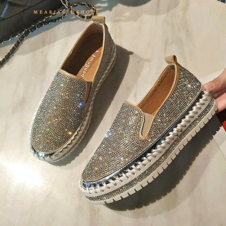 

Crystal Diamonds Women sneakers Flats Bling Woman loafers Shoes Rhinestone Ladies Casual Shoes Round Toe Slip-on Platform Shoes