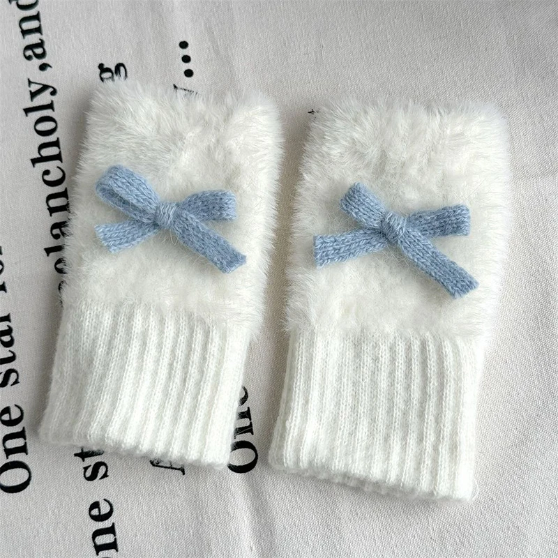 1Pair Cute Bow Tie Half Finger Gloves Plush Coral Fleece Outdoor Winter Warm Thicken Vintage Gloves For Students Holiday Gifts