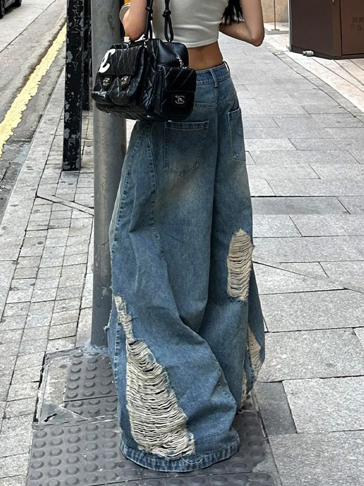 Zoki Women Hole Y2K Jeans Streetwear Sexy Low Waist Retro American Denim Pants Loose Pockets Vintage Bf Wide Leg Trousers Fall