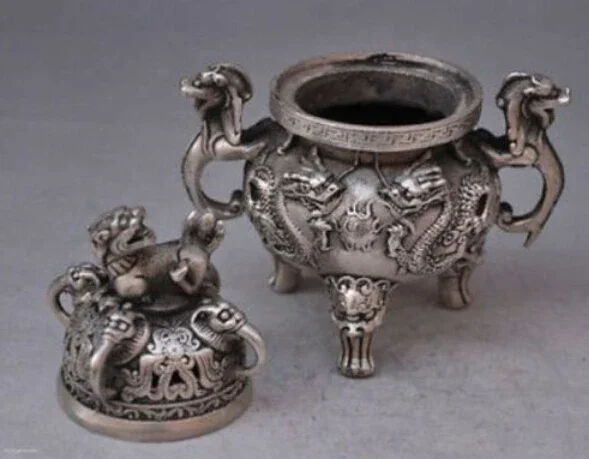 SUIRONG---607+++Chinese buddhist manual old silver copper dragon lion statues incense burner