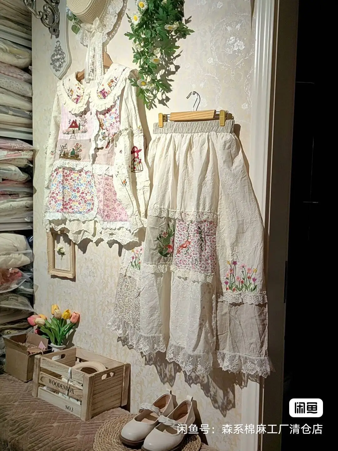 Women Vintage Lace Embroidery Skirts Patchwork Cotton Elastic Waist Casual Japanese Mori Girl A-Line Skirt