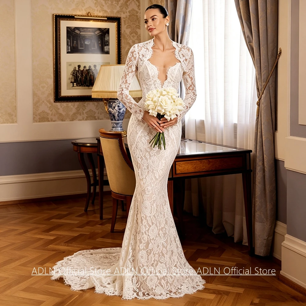 Customized Wedding Dress Mermaid Design Sexy V Neck Sweep Train Bride Lace Bridal Gown with Long Sleeves Bolero Jacket