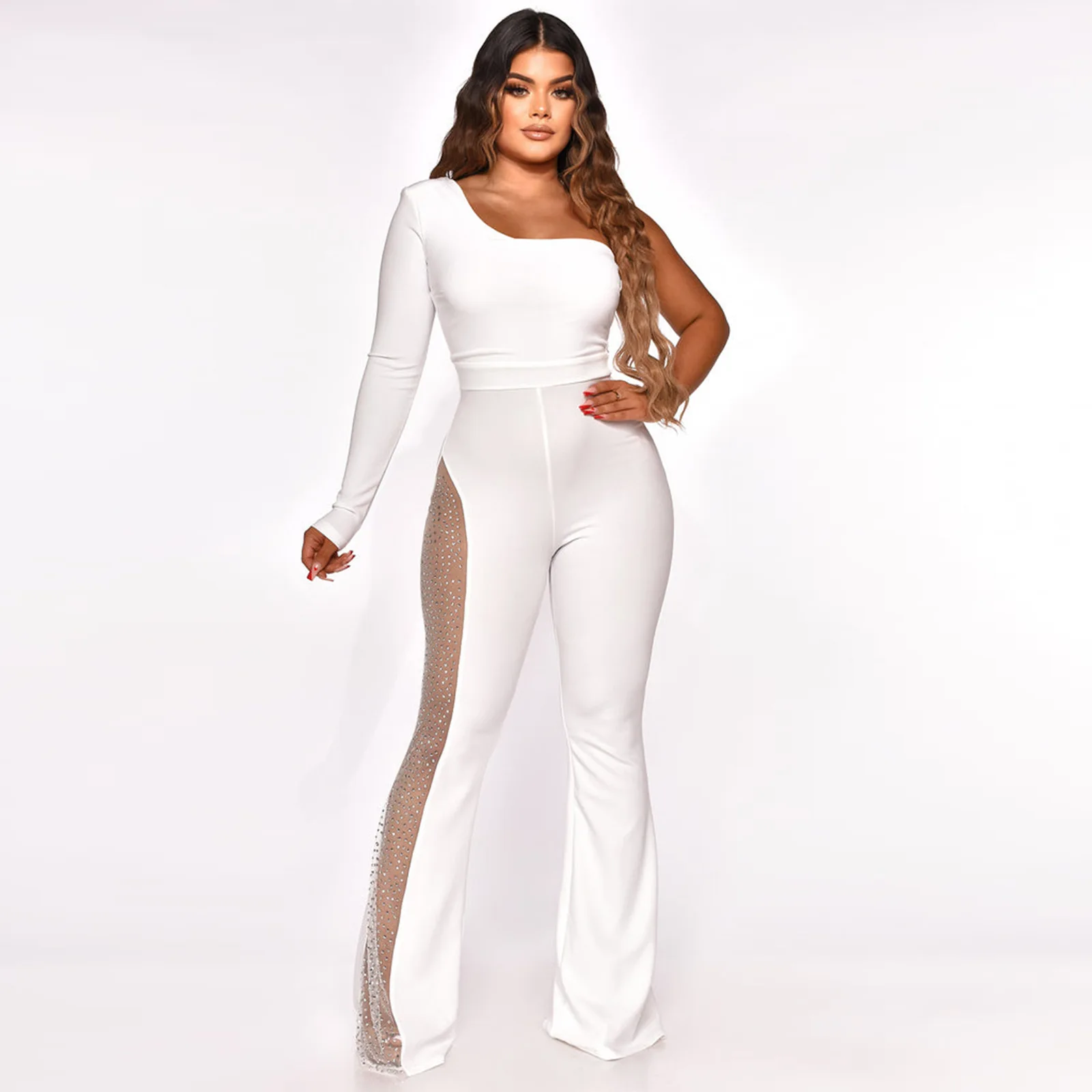 Spring And Summer New Women's Clothing Fashion Mesh Stitching Hot Diamond Micro-pull Jumpsuit