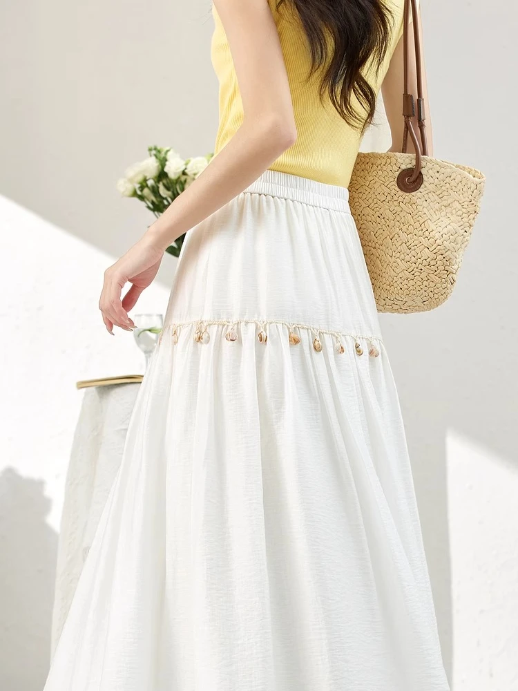 VIMLY Midi Skirts Women's Summer Bohemian 2025 Summer Bohemian Shell Woven White Loose Casual Bud Skirt Woman Clothing A1893