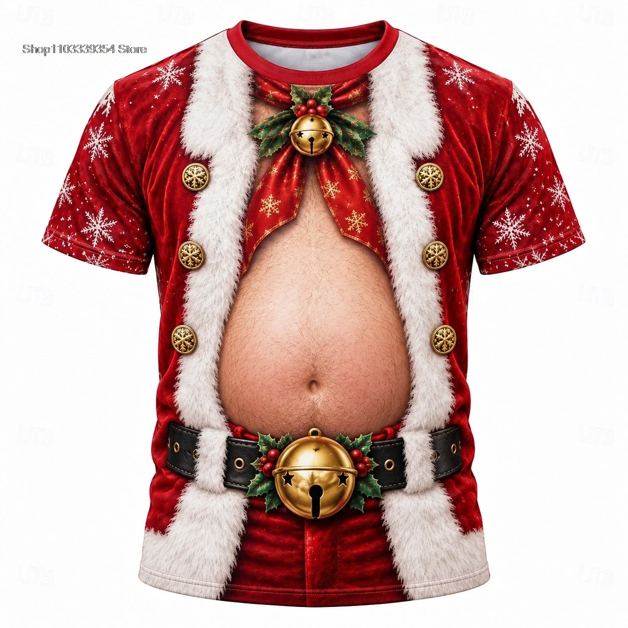 Funny Santa Belly 3D Fake Outfit T-Shirt Christmas Santa Suit Graphic Short Sleeve Crew Neck Novelty Tee for Holiday Party Tops