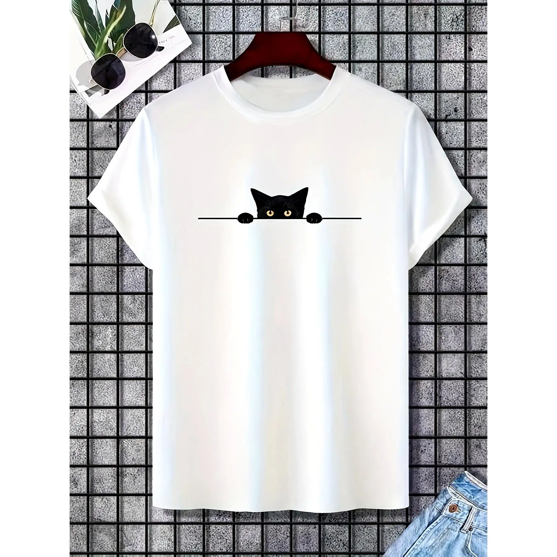 

Cute Cat Print T-shirt, Summer Men's Casual And Comfortable T-shirt, Men's Short Sleeve Top Suitable For Daily Activities