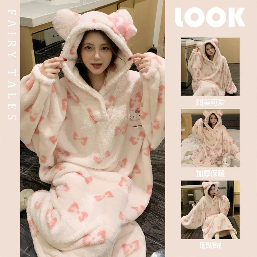 Anime Hallo Kitty Frauen Plüsch Nachthemd Robe Sanrios Cartoon Kawaii Homewear Winter Lange Stil Verdickt Lose Nachthemd Kleid