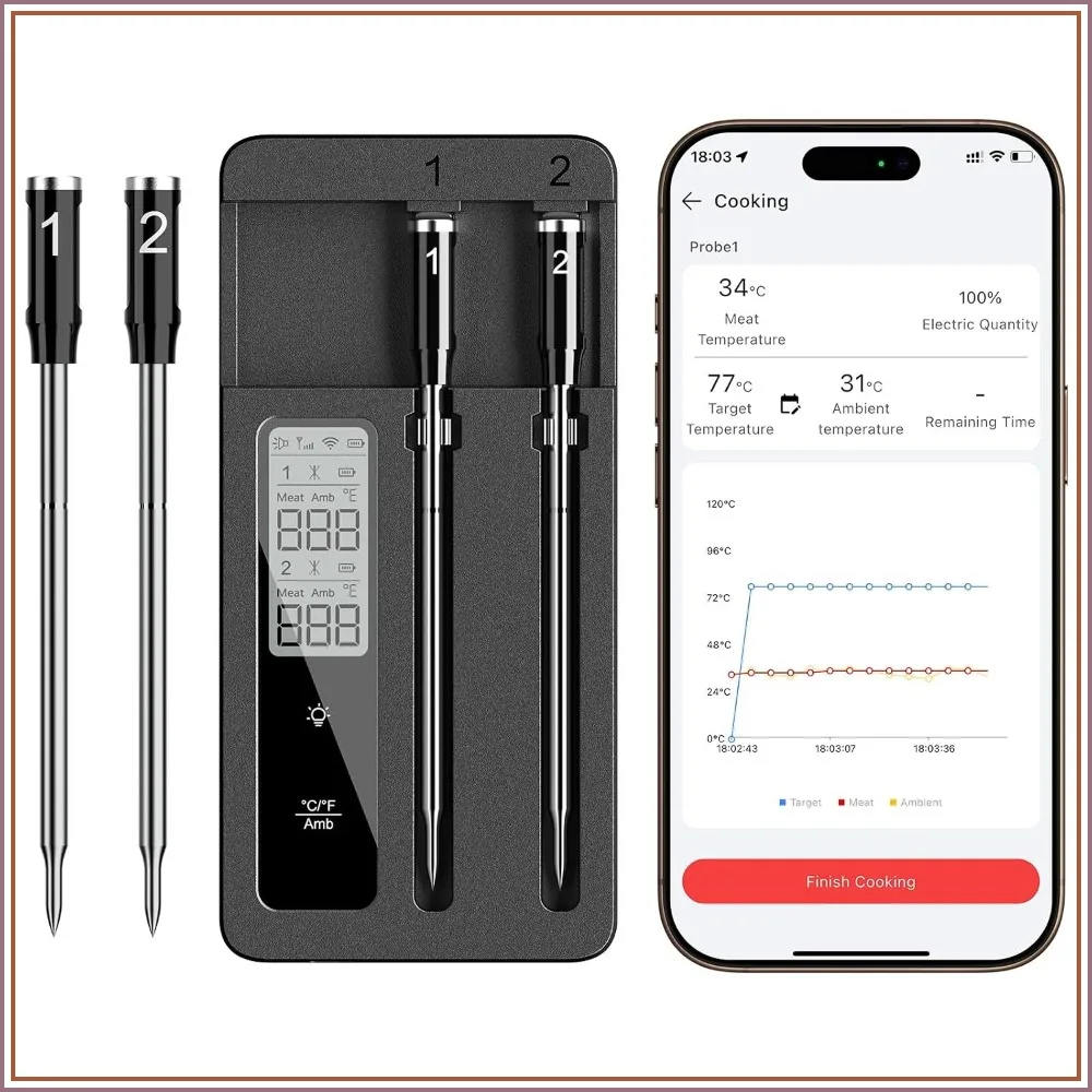 

Smart Dual-Probe Meat Thermometer: WiFi & Bluetooth, Remote Monitor BBQ Grill Oven Air Fryer