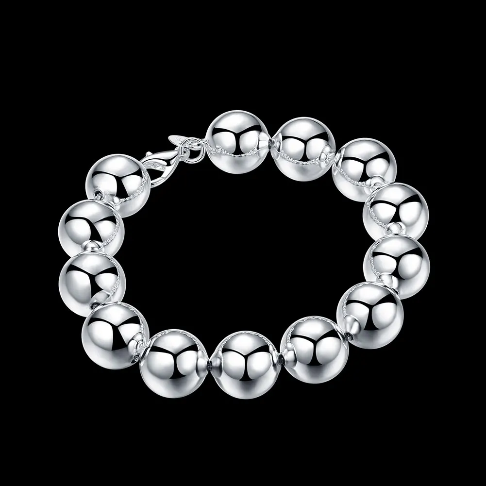 

New 925 Stamp Silver Color Bracelet For Woman Man Classic 14mm Big Beads Chain Wedding Party Christmas Gifts Fashion Jewelry
