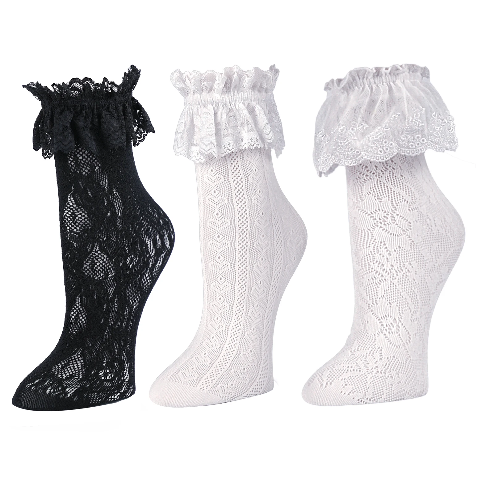 RMSWEETYIL Lace Ruffle Frilly Mesh Hollow Out Sexy for Women's Ankle Socks Black White Cute Fancy Lolita Gothic Lettuce Socks