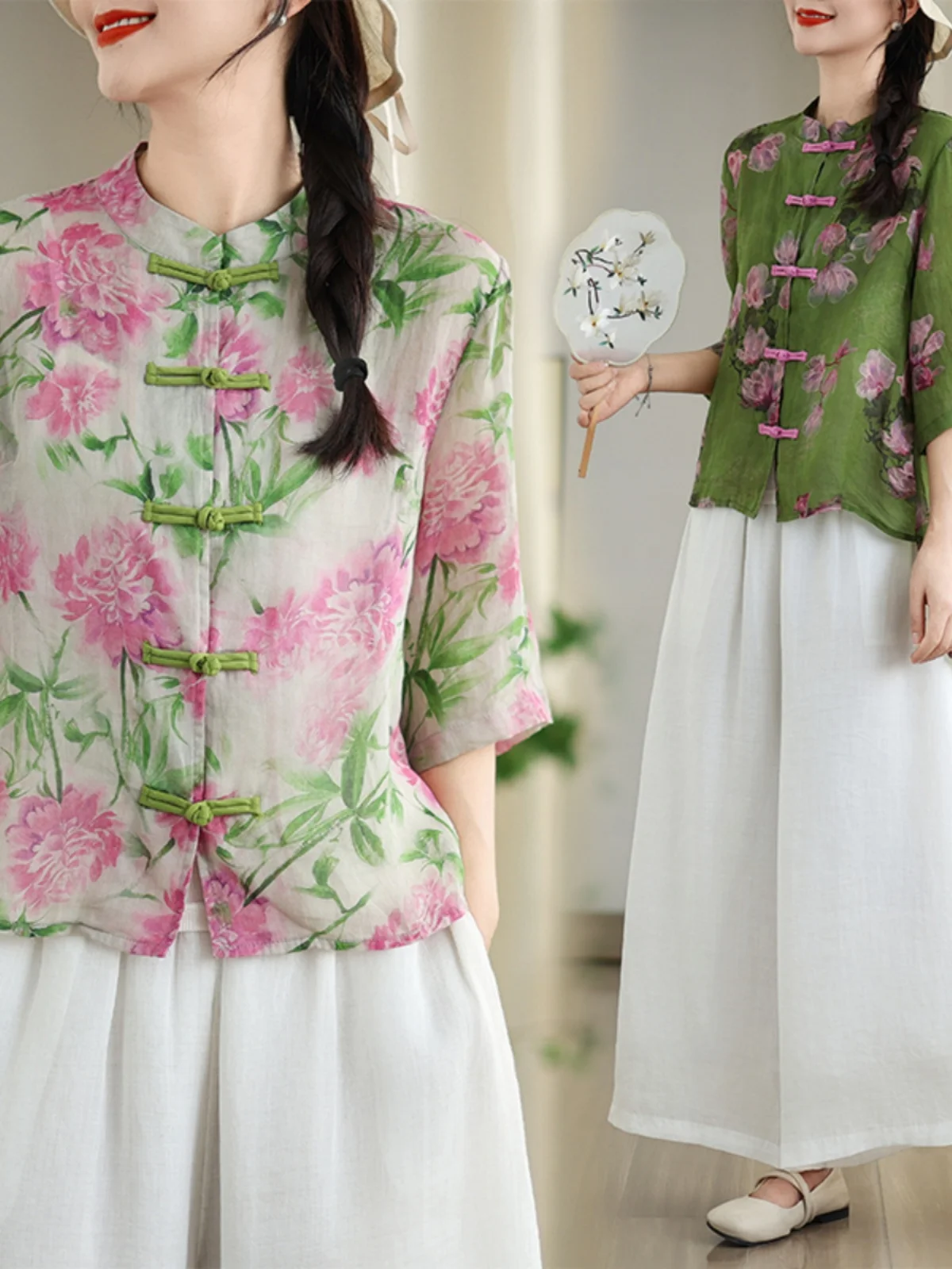 Csa Fena de Botão Estilo Chinês Artístico com Estampa Retrô em Linho, Manga Curta na Frente e Longa Atrás, Top Fen...