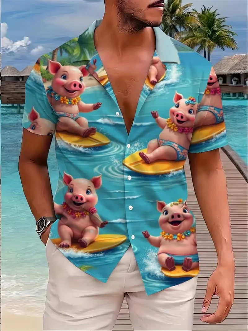 Camisa Hawaiana con Estampado 3D de Cerdo Volador para Hombre, Camisa Divertida con Gráfico de Cerdo Alado de Galaxia, Camisa de Manga Corta con Botones, Camisa para Fiesta en la Playa de Verano