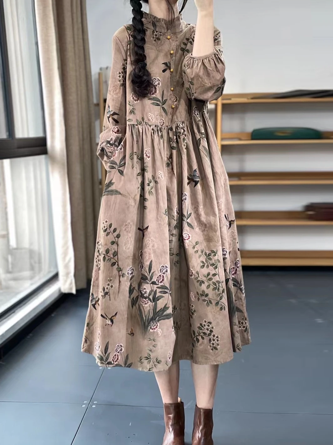 Floral Print Loose Long Lantern Sve Dr Lace Collar A-Line Skirt Wind Plant Design Comfortable Fitted Women's Dr