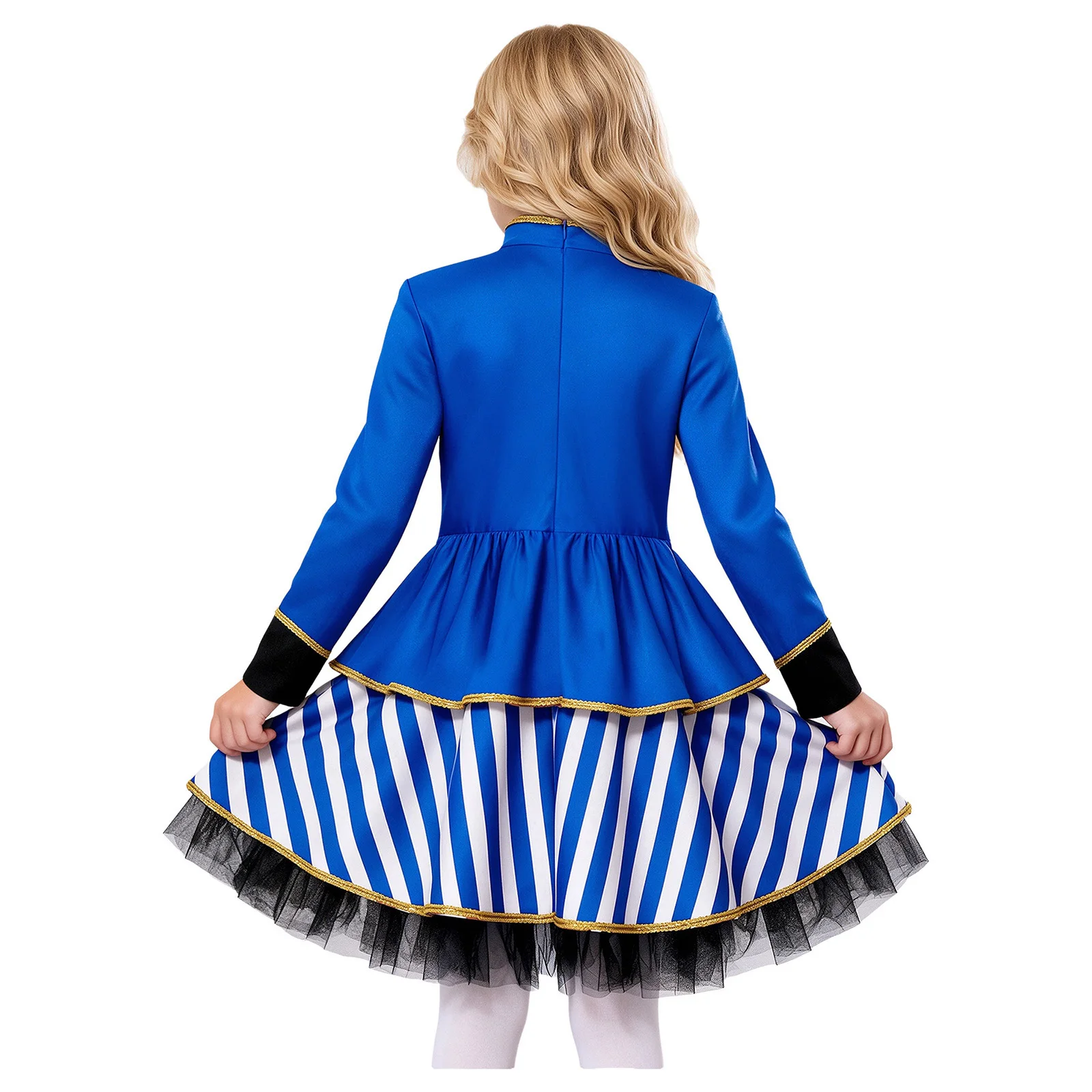 Kids Girls Halloween Circus Ringmaster Cosplay Costume Long Sleeve Gold Trim Tulle Lining Striped Dress Carnival Party Outfit