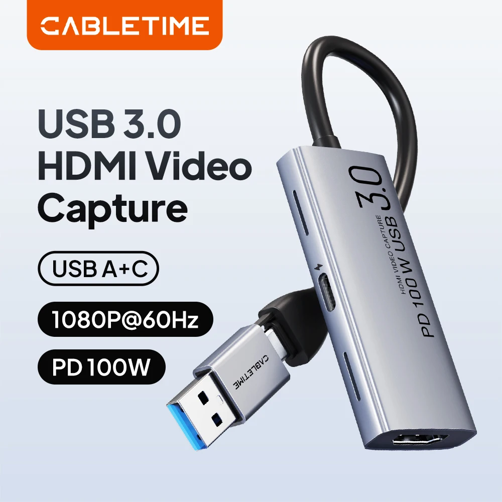 CABLETIME USB 3.0 Video Capture Card PD 100W HDMI Capture 5Gbps 4K 1080p Full HD for PS5 Srteaming Switch Video Recorder
