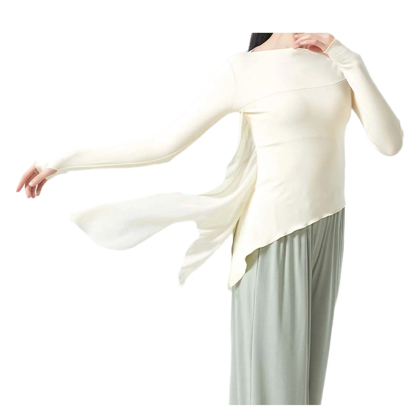 Classical Dance Practice Clothes Finger Sleeve Side Split Tulle Design Chinese Style Casual Wear Chic Stage Performance Costume