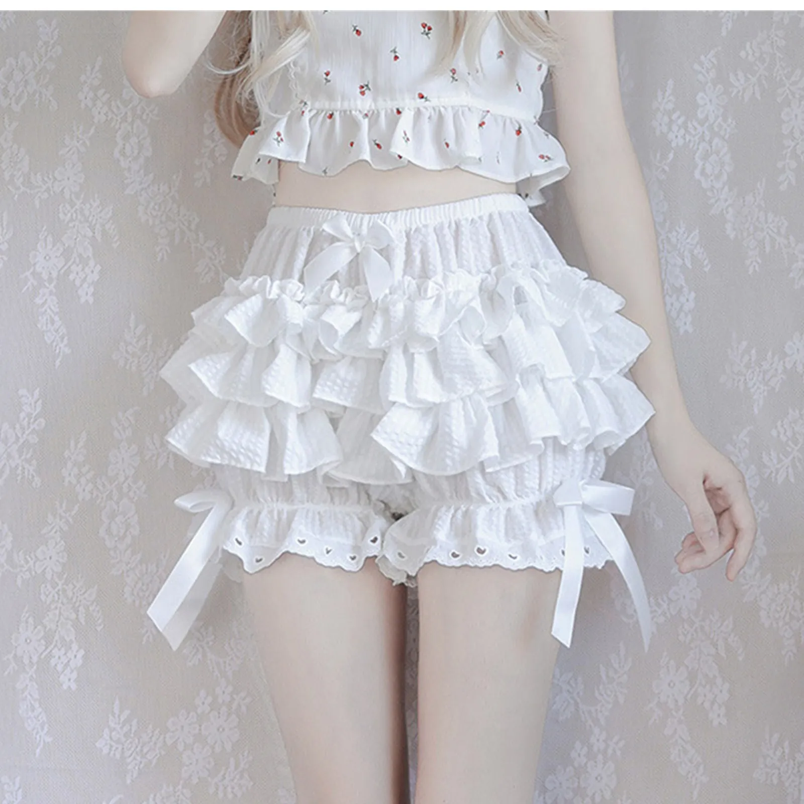 Women Girls Bowknot Frilly Lace Ruffle Pumpkin Bloomers Victorian Bloomer Shorts Lolita Vintage Gothic Pantaloons Costum