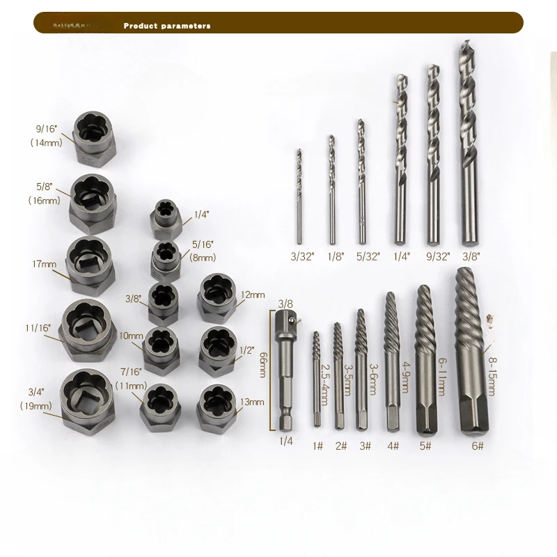 26 pcs Bolts Extractor Set With Hex Adapter Out Broken Lug Nut Extractor Stripped Screw Remover Set