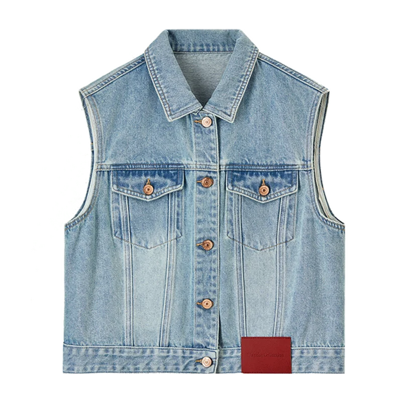 SENTUBILA سترات الدنيم القطنية معاطف النساء 2025 الربيع الصيف عادية رفض طوق بلا أكمام زر ملابس خارجية قصيرة W51J58816