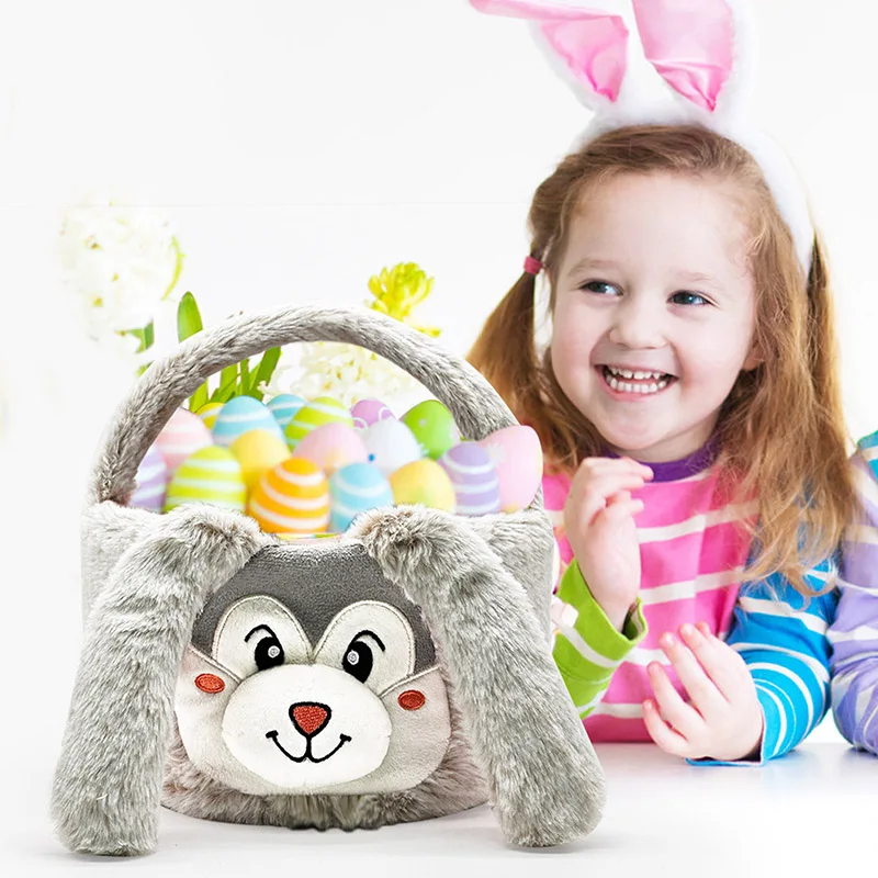 Easter Bunny Basket Cute Plush Rabbit Bucket Tote with Fuzzy Tail for Home Party School