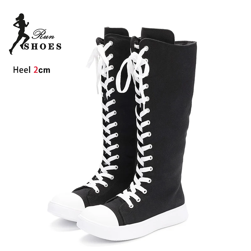 Women High Top Casual Canvas Shoes Spring Autumn Knee-High Boots Lace-up Zipper Ladies Comfort Flats Vulcanize Sneakers 36-43