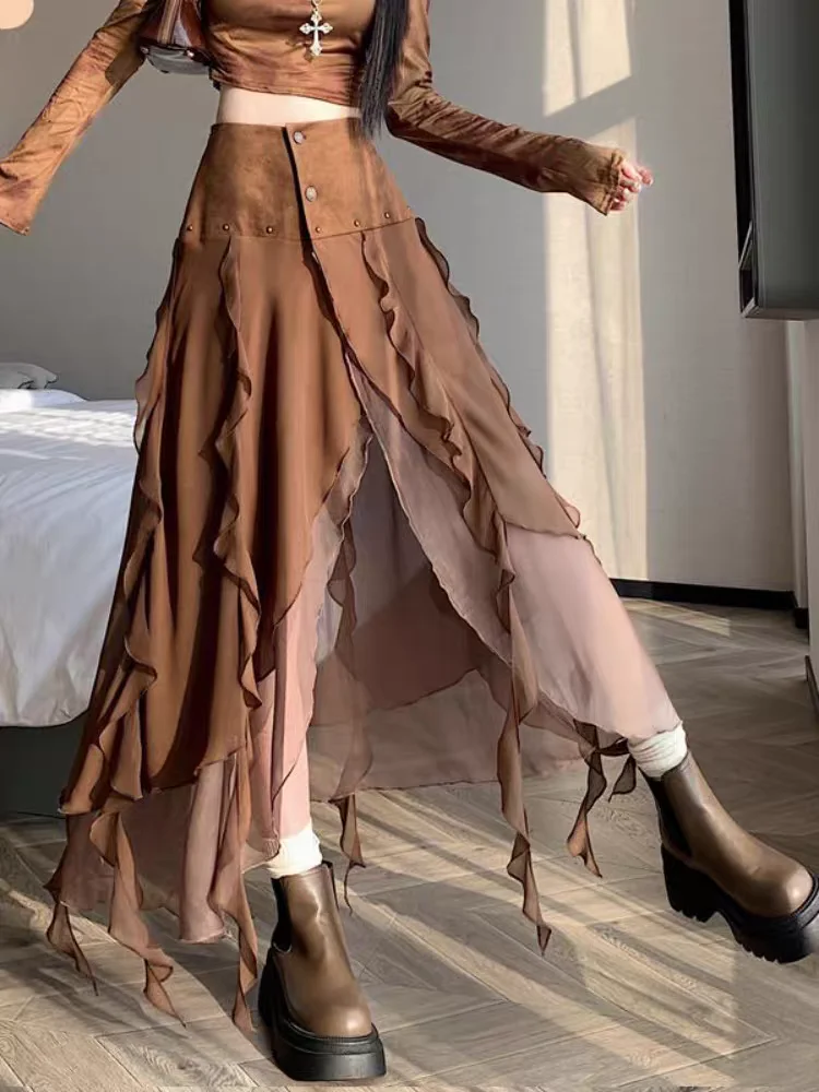 

Модная коричневая замшевая юбка из нестандартного шифона, облегающая юбка-миди с высокой талией на осень, модные утягивающие длинные юбки для женщин