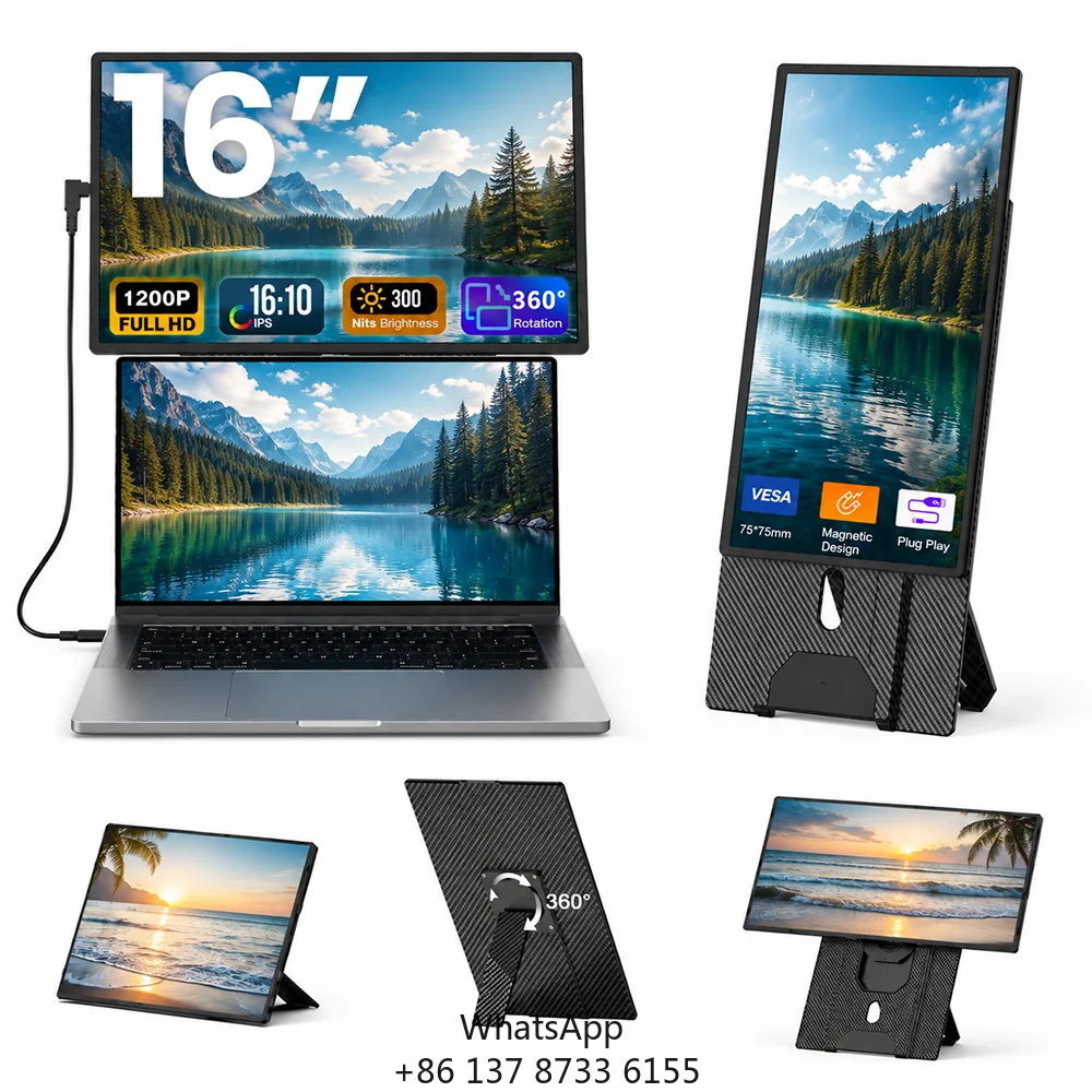 16 Inch 16:10 IPS Portable Monitor N2 360 Degree Rotating Tiltable Stand 1200P FHD USB-C External Display For Home Office Laptop