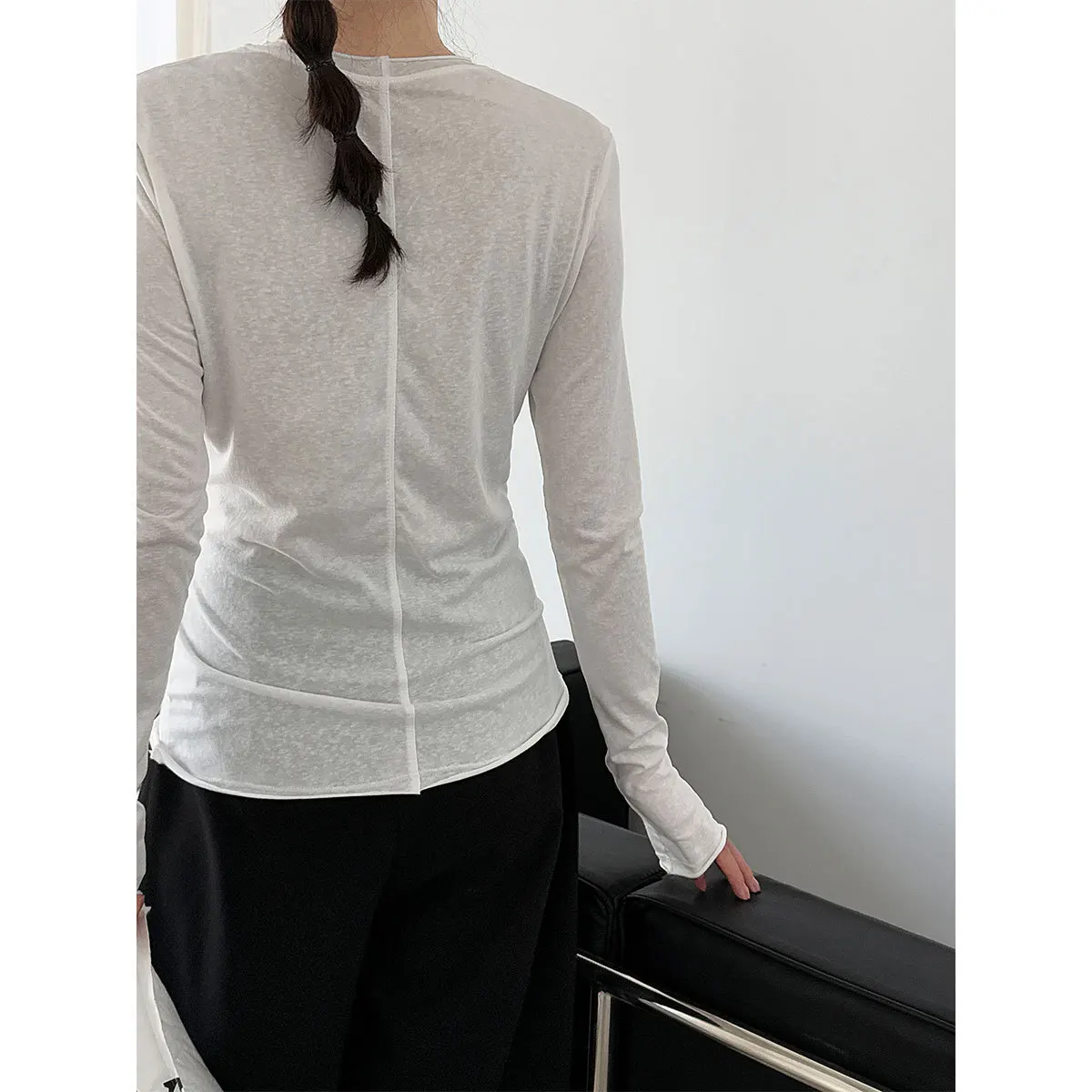 UMI MAO الكورية نمط تنوعا توالت هيم الجولة الرقبة تي شيرت قاعدة قميص للنساء الخريف جديد كم طويل سليم صالح