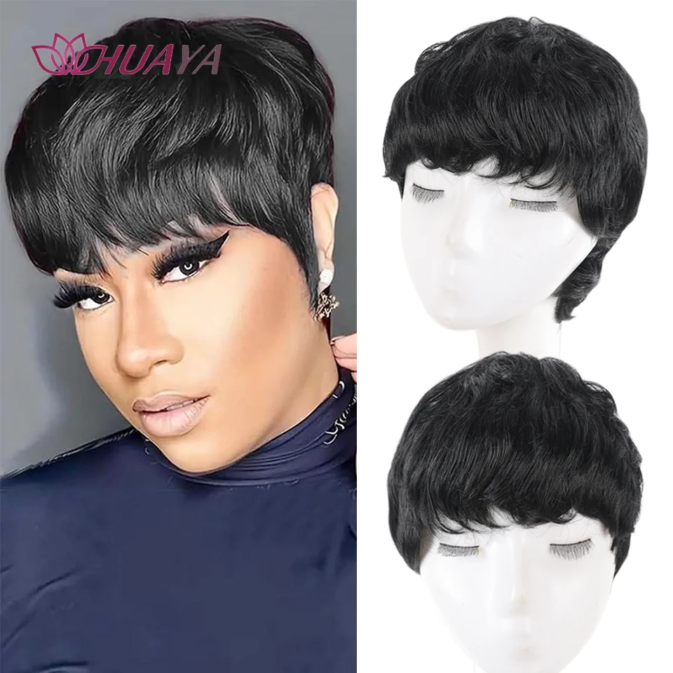 

Синтетические короткие парики пикси для чернокожих женщин. Натуральный волнистый черный парик пикси с челкой (натуральный черный)