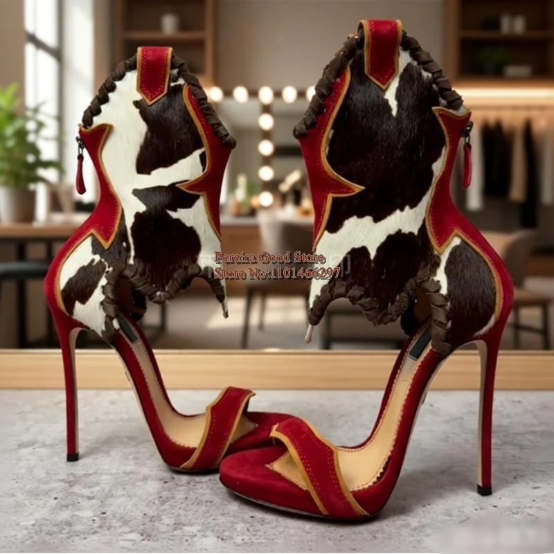 

White Black Color Patchwork Horsehair High Heel Sandals Brown Braided Trim Open Toe Cutouts Women Cage Shoes Red Black