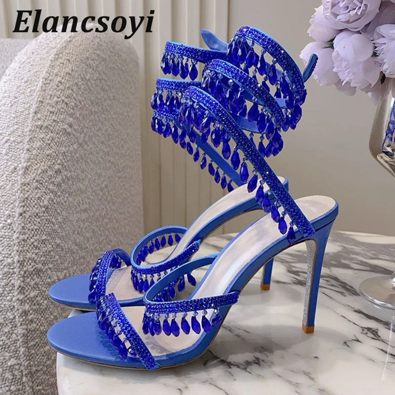 High Heels Sandals Women Bling Crystal Tassel Pendant Snake Shaped Winding Runway Shoes Summer Sexy Stiletto Gladiator Sandalias