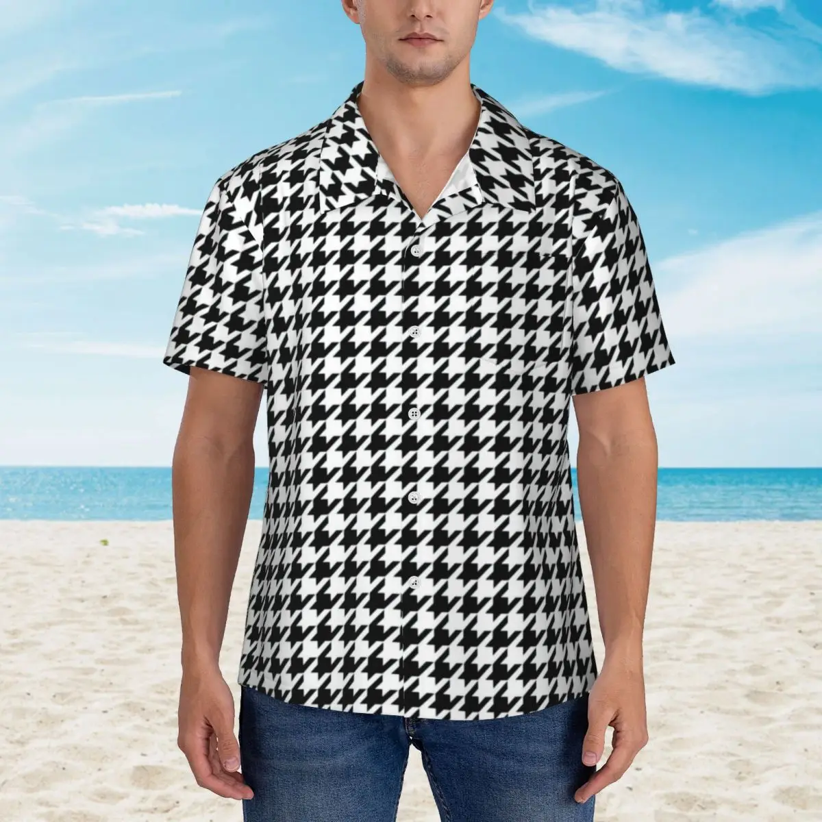 레트로 Houndstooth 휴가 셔츠 남성 추상 체크 무늬 캐주얼 셔츠 하와이 반팔 맞춤형 우아한 특대 블라우스 선물