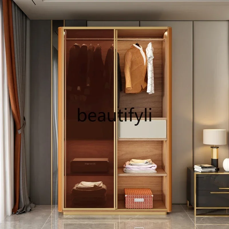 

Light luxury high-end saddle leather sliding sliding door wardrobe household simple bedroom tempered glass