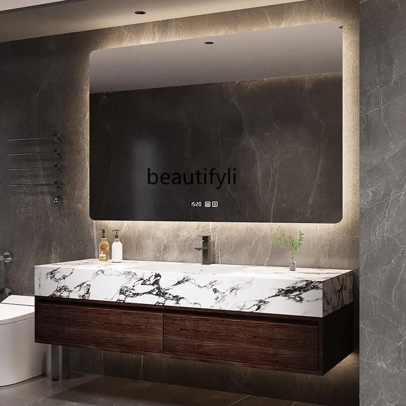 

Retro rock slab bathroom integrated basin seamless face wash sink cabinet bathroom cabinet combination