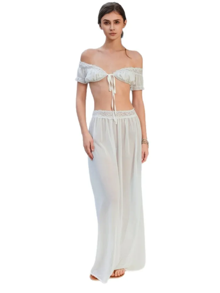 Costume da bagno sexy con cut-out bianco da 2 pezzi Cover Up 2026 Gonna da spiaggia estiva a maniche corte con spalle scoperte da donna in due pezzi