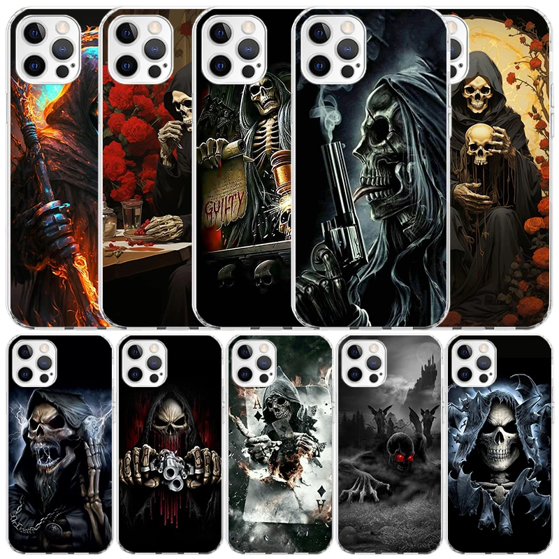 Reaper Skull Skeleton Gun funda de teléfono de silicona con llamadas para Apple iPhone 11, 13, 14, 15 Pro Max, 12 Mini, 7 Plus, 8 + X, XR, XSmax, SE