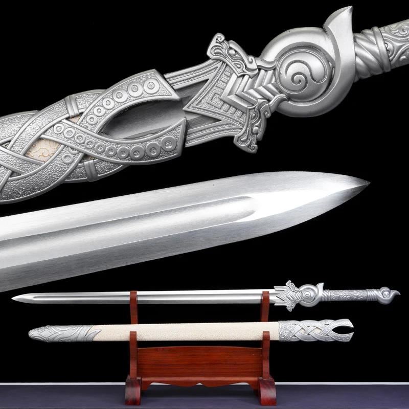 Chinese Han Sword Manganese Steel Blade Real Handmade Full Tang Battle Ready Metal Handle Katana White Samurai Swords Home Decor
